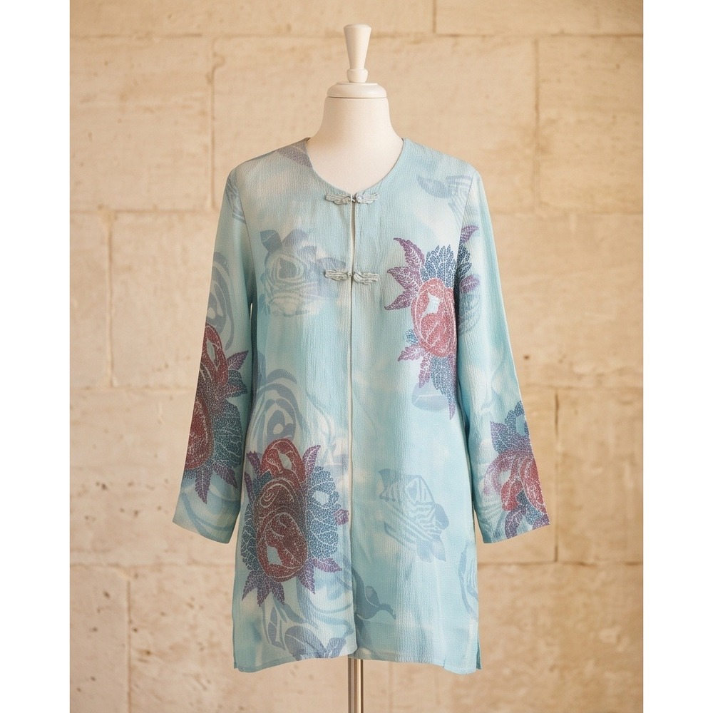 Citron Santa Monica XL Silk Oriental Longline Top Blue Floral Asian Vintage